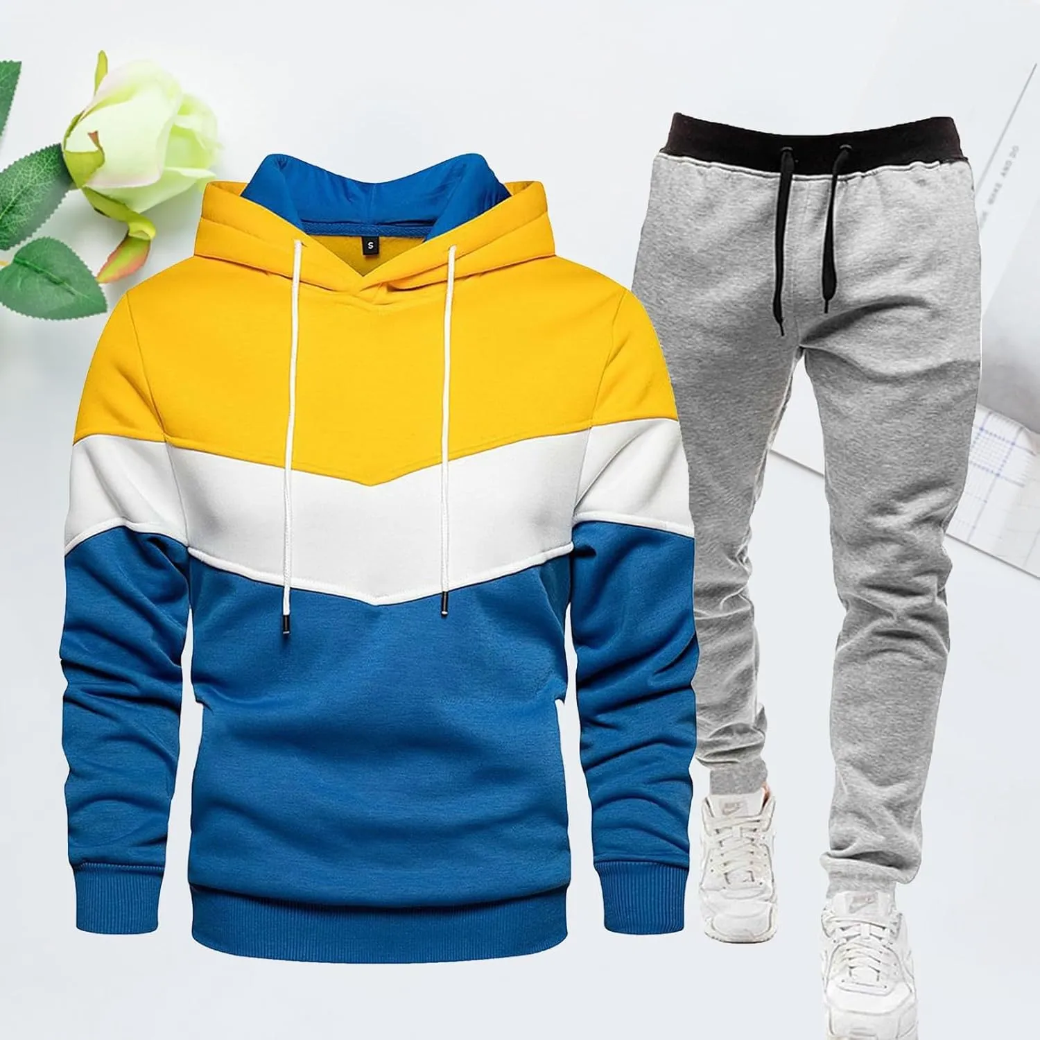 Mens Hooded Tracksuit Color Block Drawstring Long Sleeve Sweatshirt Jogging Pants 2 Piece Athletic Sweatsuit Outfits