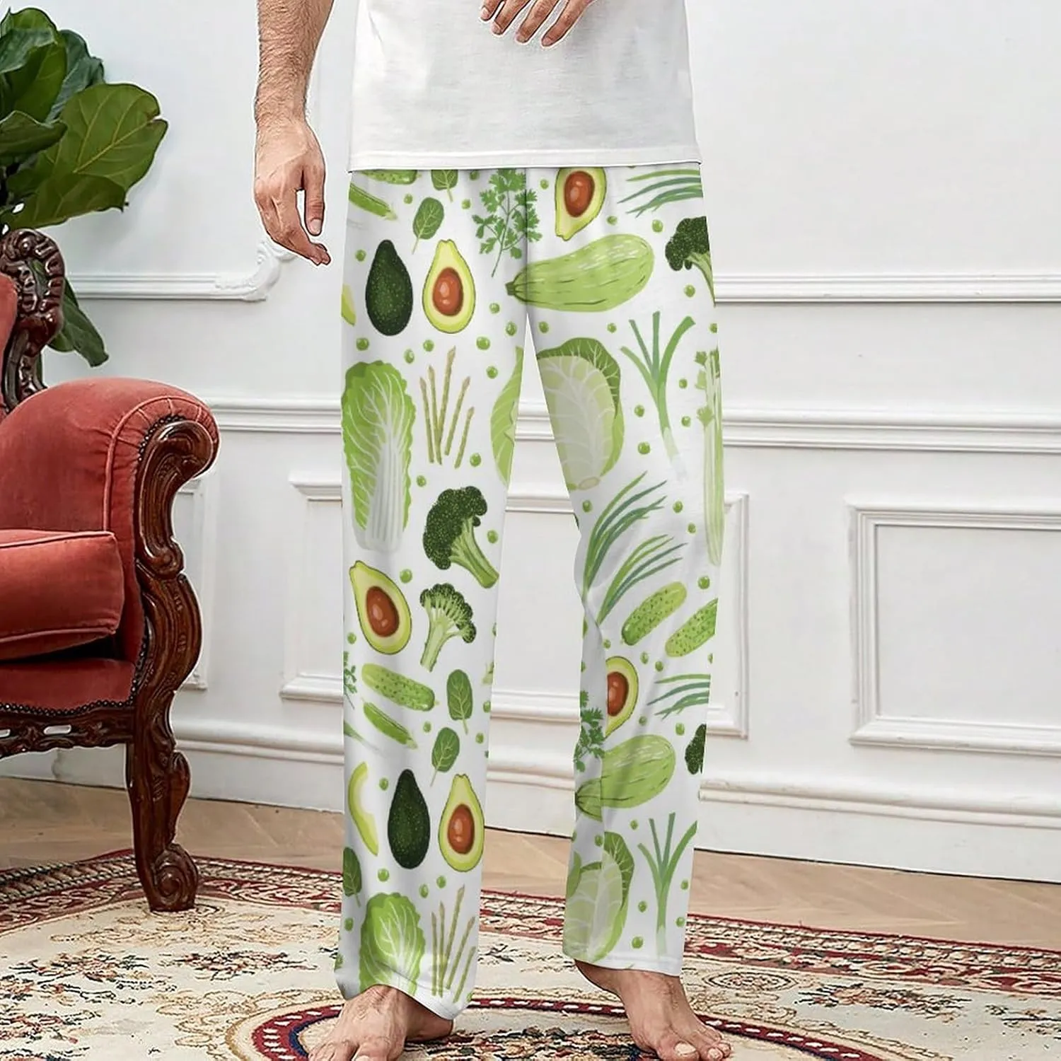 Men's Pajama Bottoms Cute Vegetables Cabbage Green Wide Leg Sleep Pants Drawstring Pockes Elastic Waist
