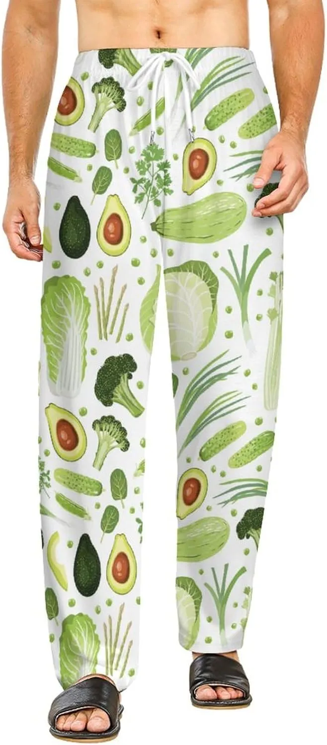 Men's Pajama Bottoms Cute Vegetables Cabbage Green Wide Leg Sleep Pants Drawstring Pockes Elastic Waist