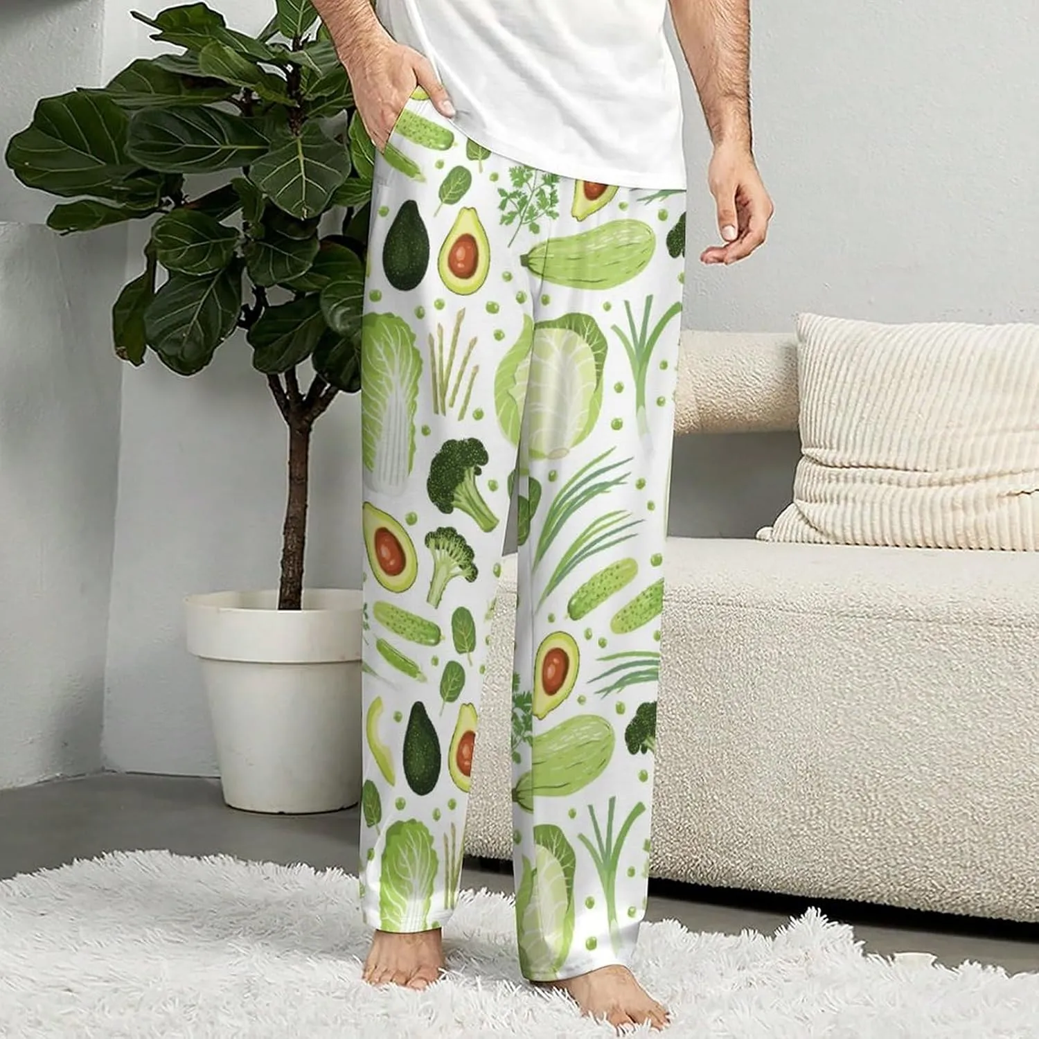 Men's Pajama Bottoms Cute Vegetables Cabbage Green Wide Leg Sleep Pants Drawstring Pockes Elastic Waist