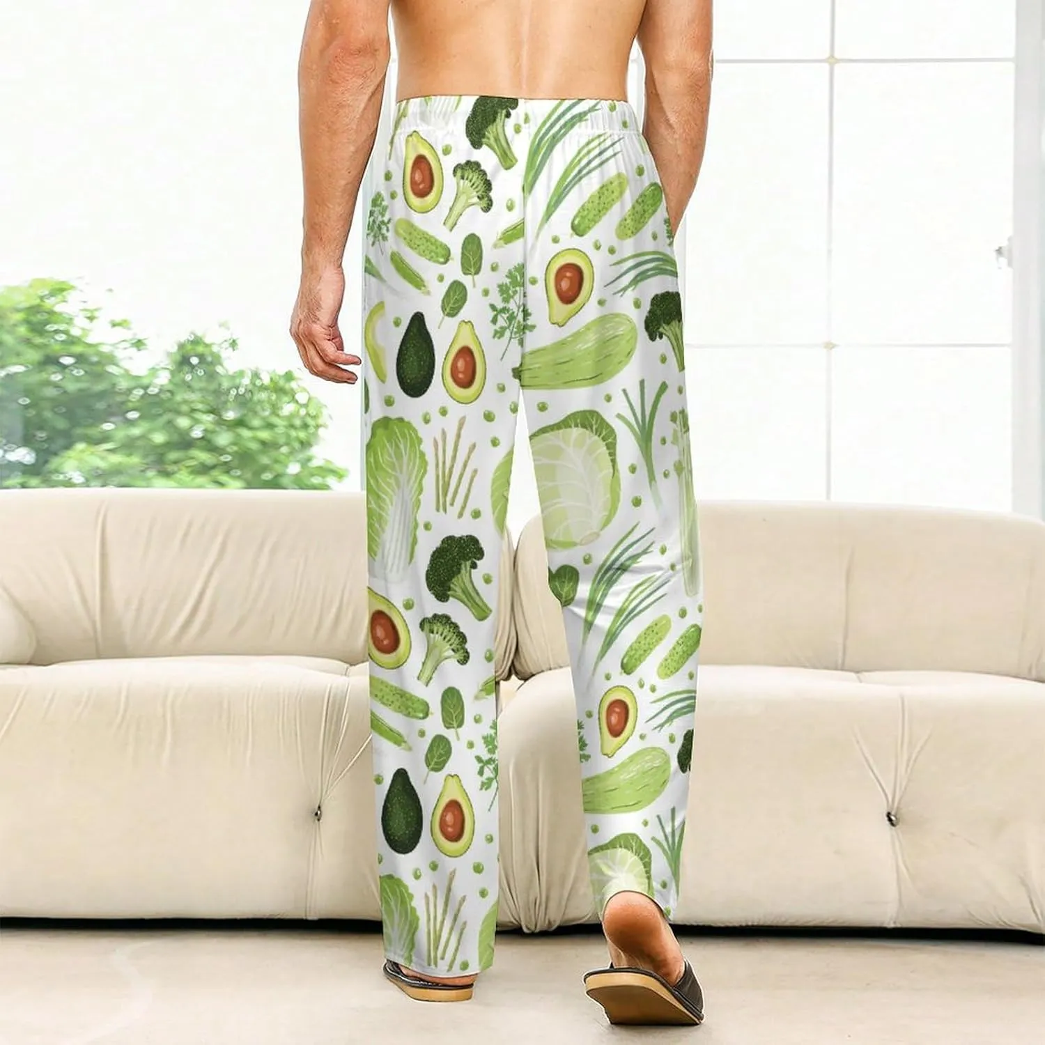 Men's Pajama Bottoms Cute Vegetables Cabbage Green Wide Leg Sleep Pants Drawstring Pockes Elastic Waist
