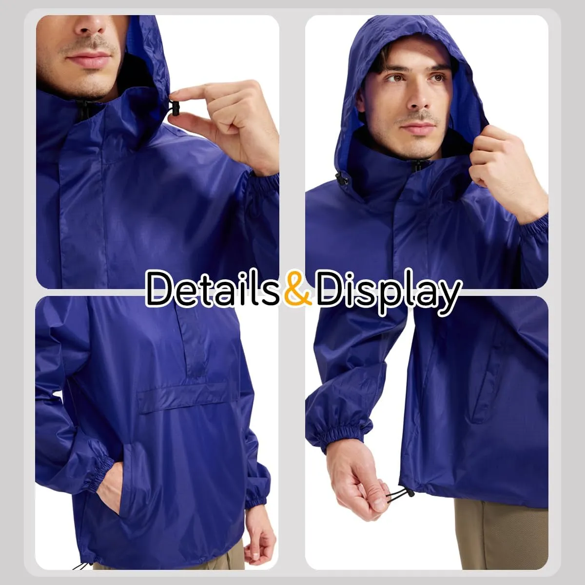 Men's Rain Jacket Waterproof Lightweight Packable Raincoat with Hood for Hiking Travel