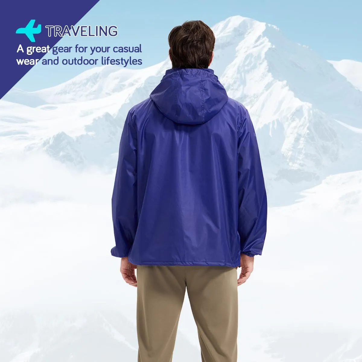 Men's Rain Jacket Waterproof Lightweight Packable Raincoat with Hood for Hiking Travel