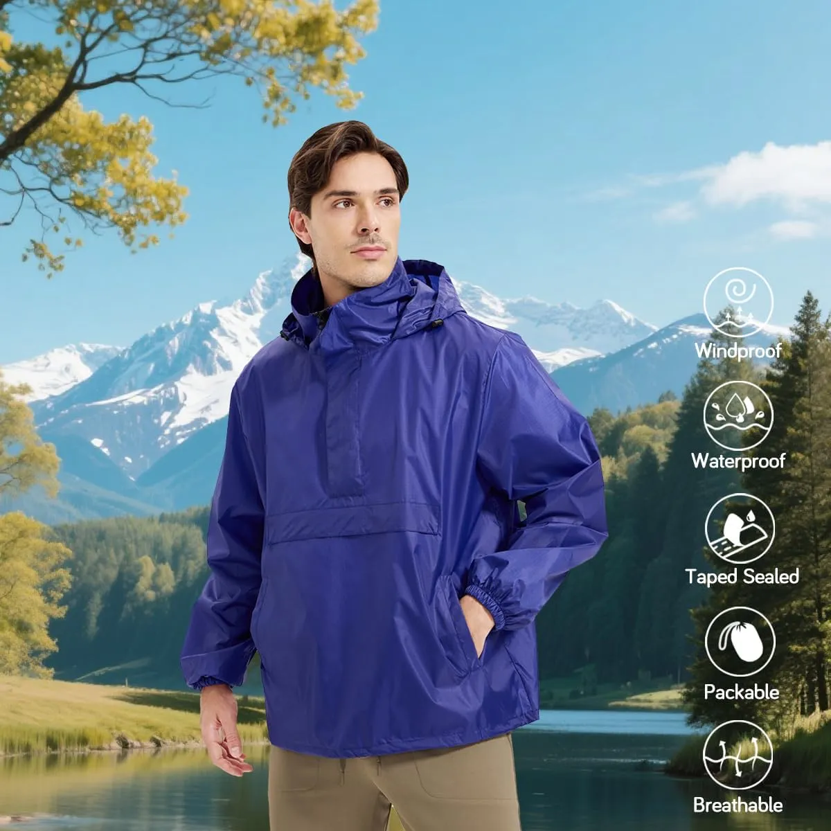 Men's Rain Jacket Waterproof Lightweight Packable Raincoat with Hood for Hiking Travel
