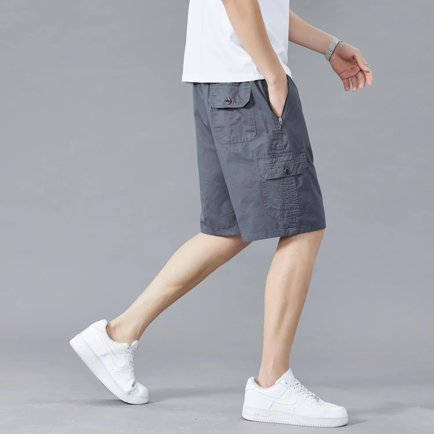 Men's Relaxed Fit Cargo Shorts Solid Cotton Cargo Shorts with Pockets Drawstring Work Shorts for Men