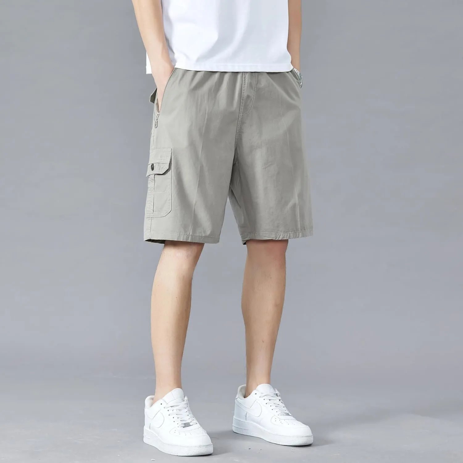 Men's Relaxed Fit Cargo Shorts Solid Cotton Cargo Shorts with Pockets Drawstring Work Shorts for Men