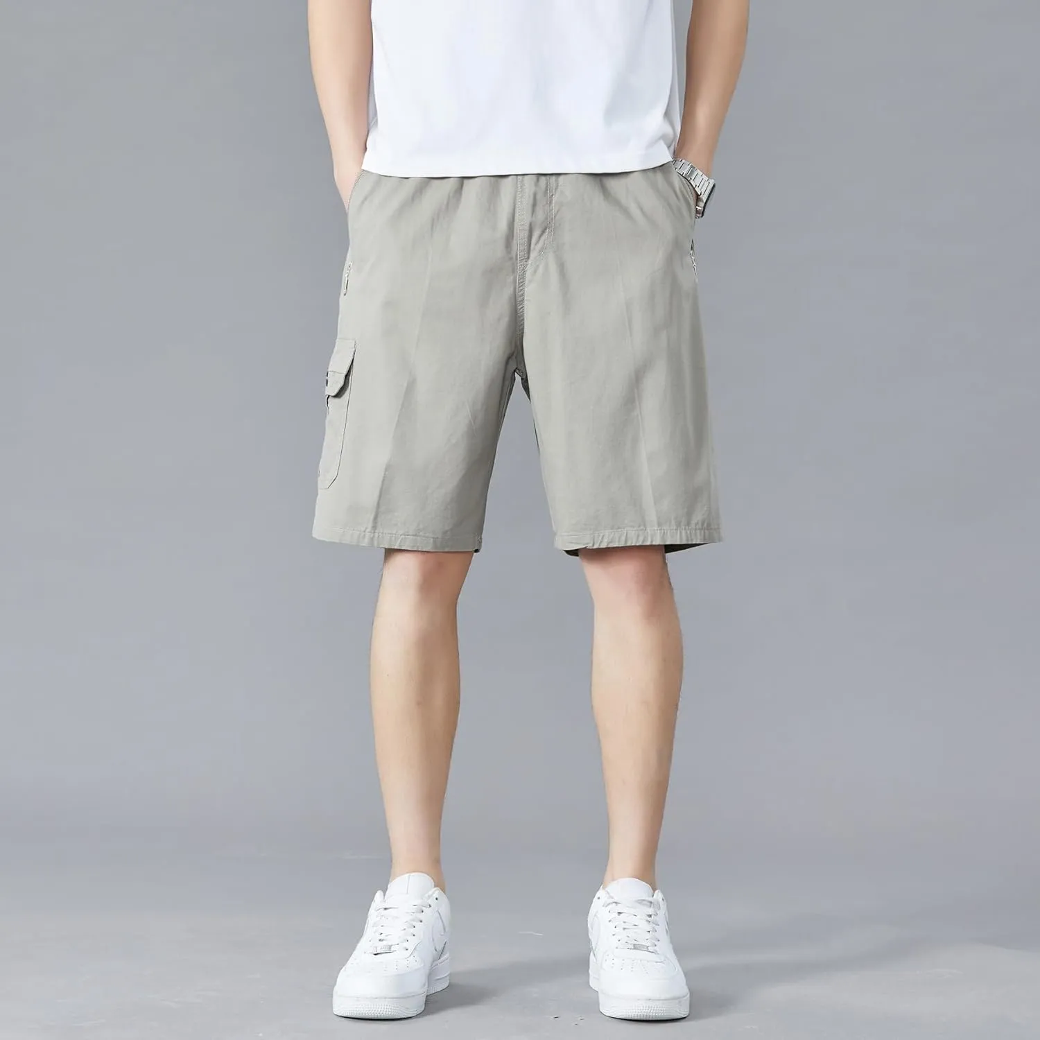 Men's Relaxed Fit Cargo Shorts Solid Cotton Cargo Shorts with Pockets Drawstring Work Shorts for Men