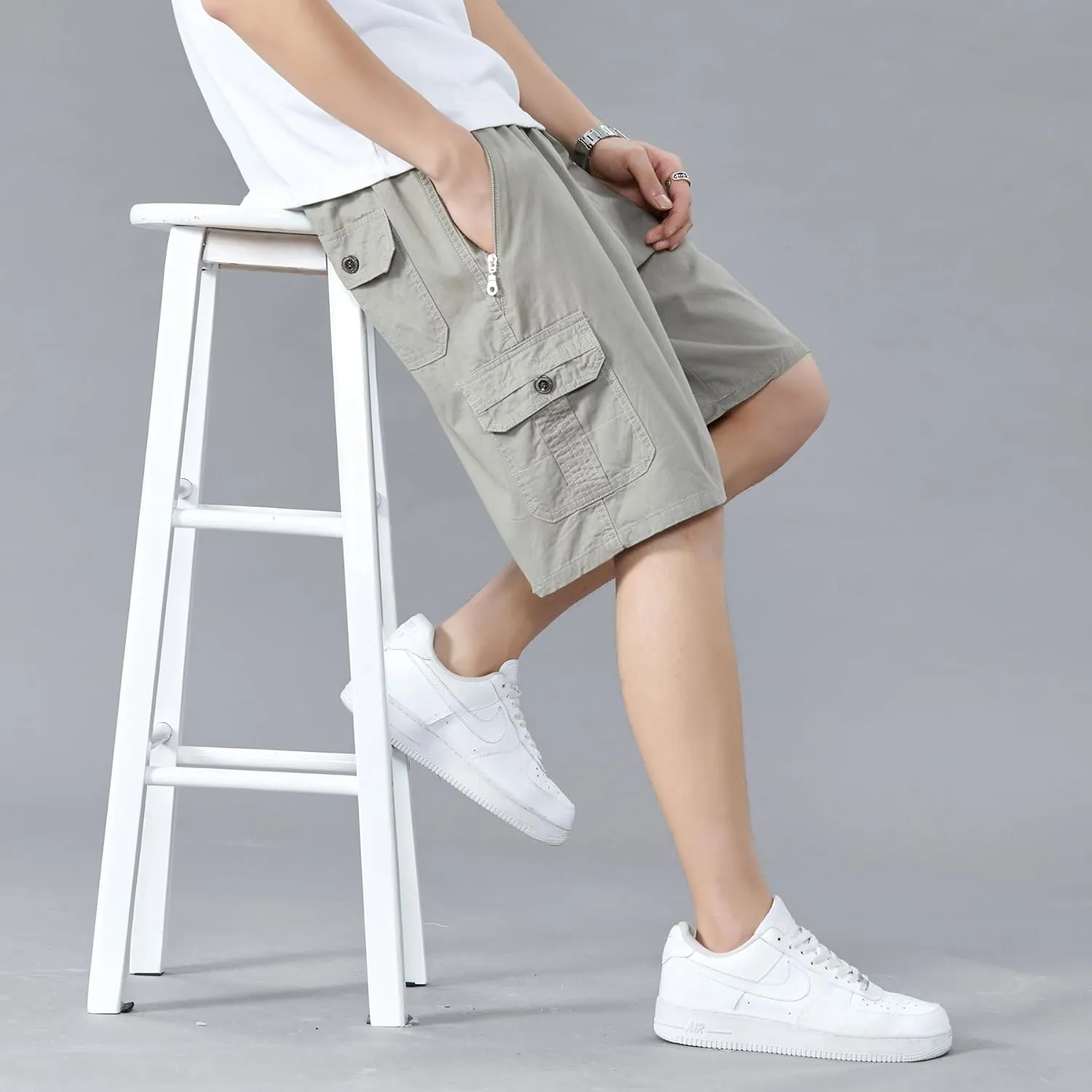 Men's Relaxed Fit Cargo Shorts Solid Cotton Cargo Shorts with Pockets Drawstring Work Shorts for Men