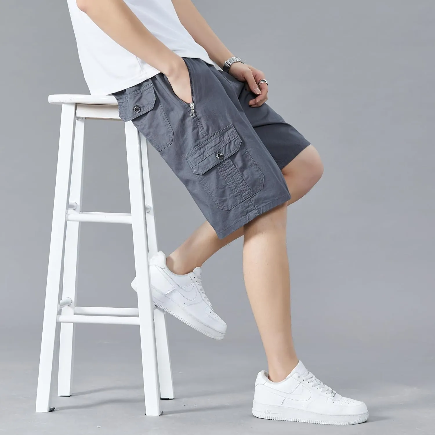 Men's Relaxed Fit Cargo Shorts Solid Cotton Cargo Shorts with Pockets Drawstring Work Shorts for Men