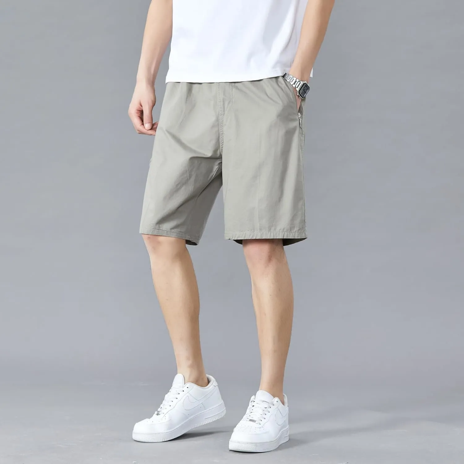 Men's Relaxed Fit Cargo Shorts Solid Cotton Cargo Shorts with Pockets Drawstring Work Shorts for Men