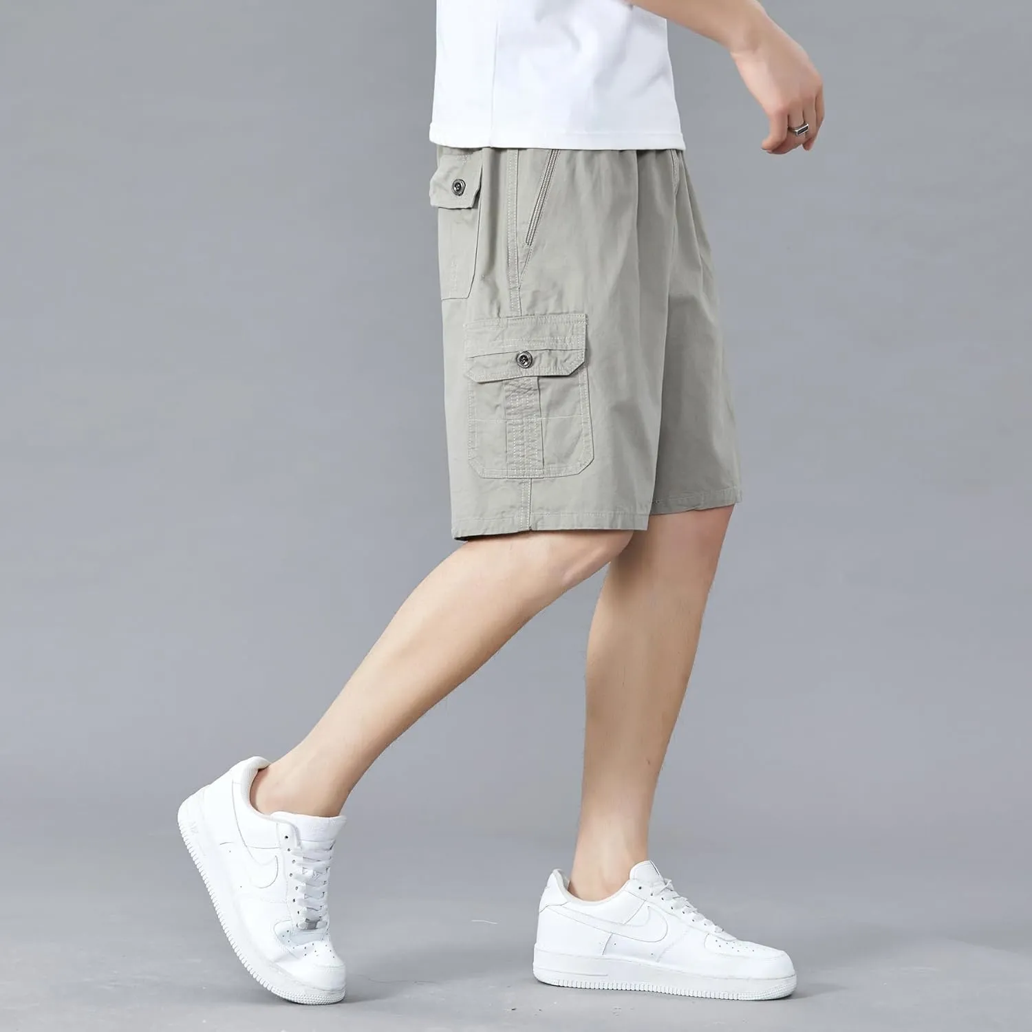Men's Relaxed Fit Cargo Shorts Solid Cotton Cargo Shorts with Pockets Drawstring Work Shorts for Men