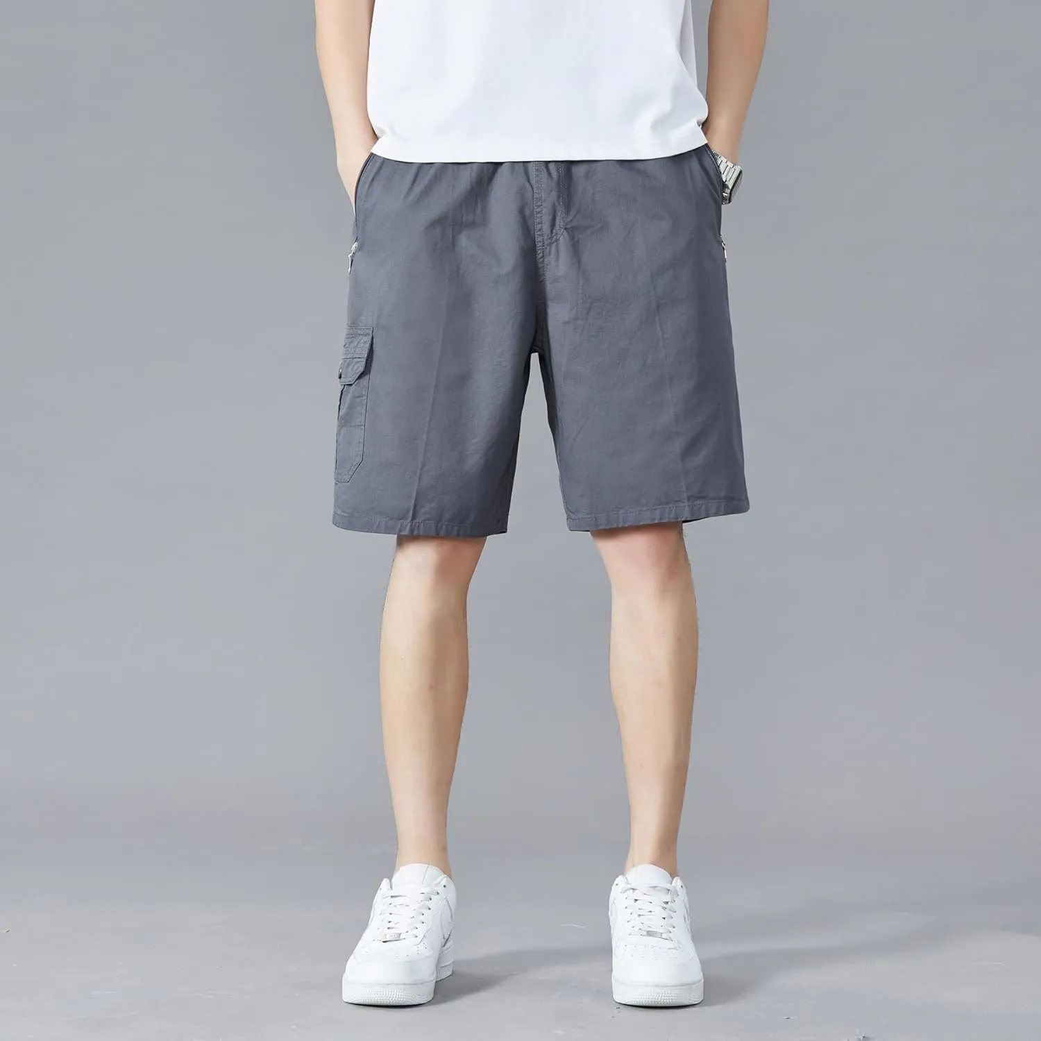 Men's Relaxed Fit Cargo Shorts Solid Cotton Cargo Shorts with Pockets Drawstring Work Shorts for Men