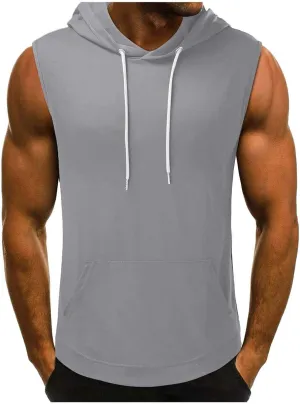 Mens Sleeveless Hoodies Drawstring Lightweight Outdoor Active Tank Tops Solid Color Loose Fashion Casual Versatile Pullover