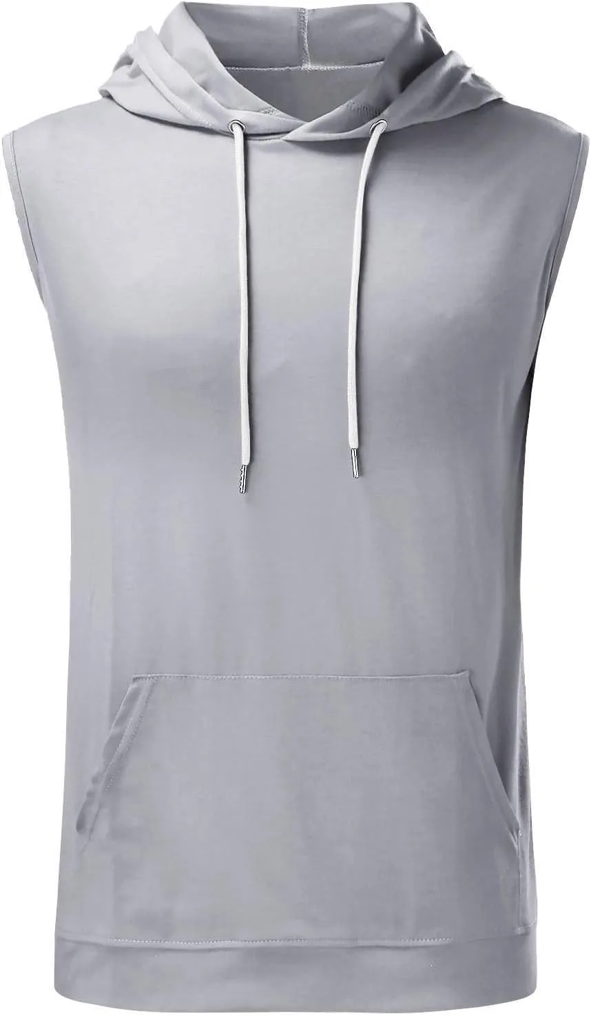 Mens Sleeveless Hoodies Drawstring Lightweight Outdoor Active Tank Tops Solid Color Loose Fashion Casual Versatile Pullover