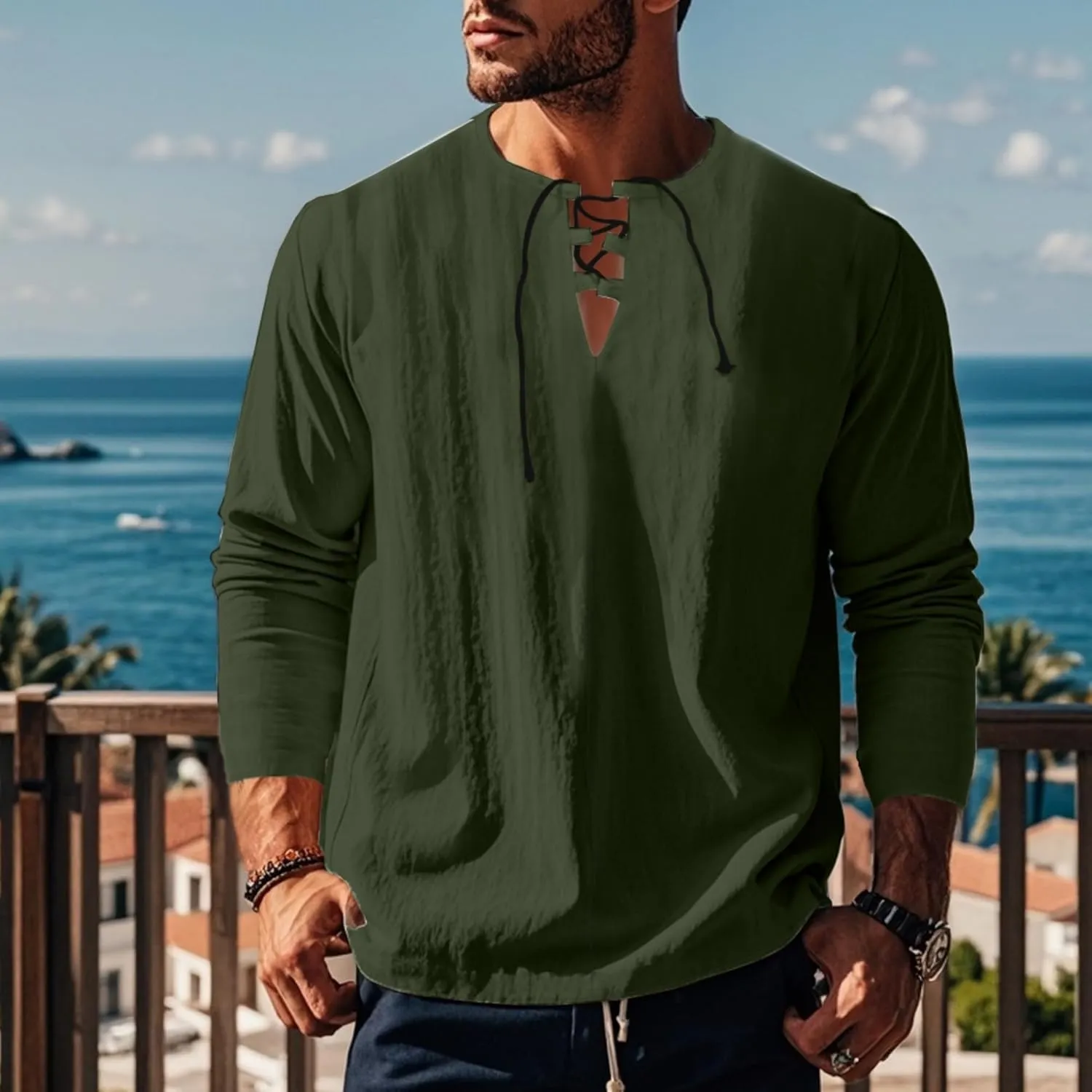 Men's Summer Cotton Linen Shirt V-Neck Drawstring Long Sleeve Beach Shirt Solid Color Casual Hollow-Out Blouses