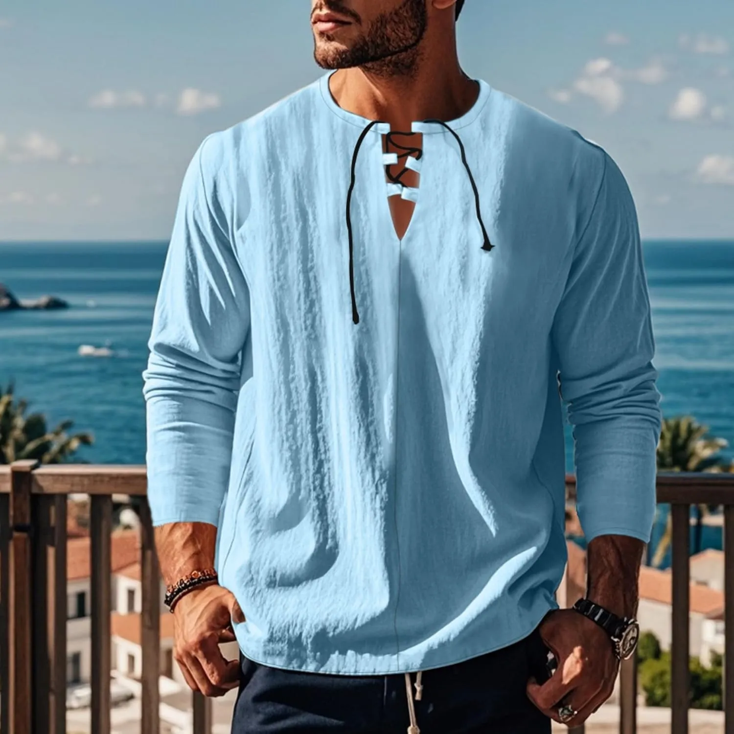 Men's Summer Cotton Linen Shirt V-Neck Drawstring Long Sleeve Beach Shirt Solid Color Casual Hollow-Out Blouses