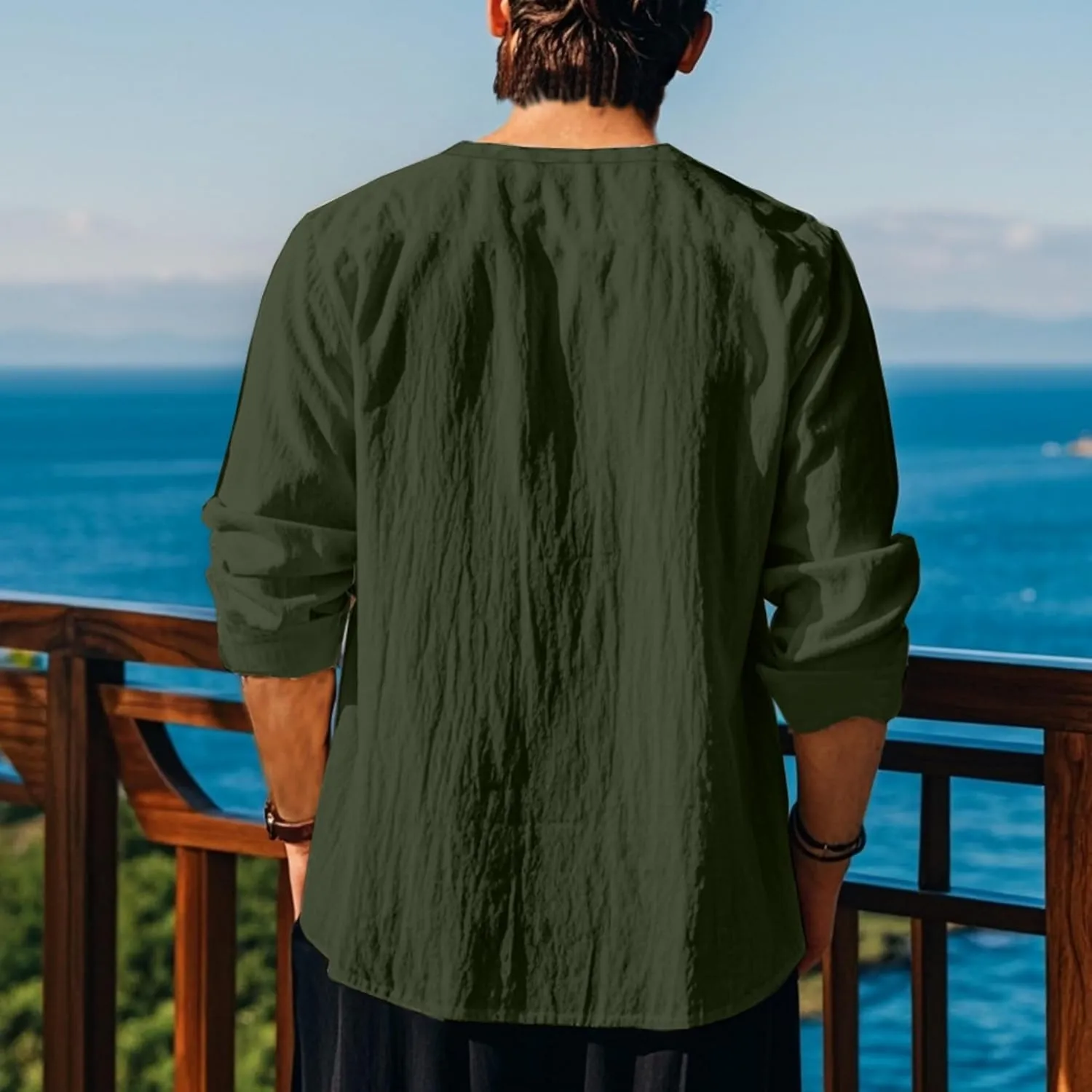 Men's Summer Cotton Linen Shirt V-Neck Drawstring Long Sleeve Beach Shirt Solid Color Casual Hollow-Out Blouses