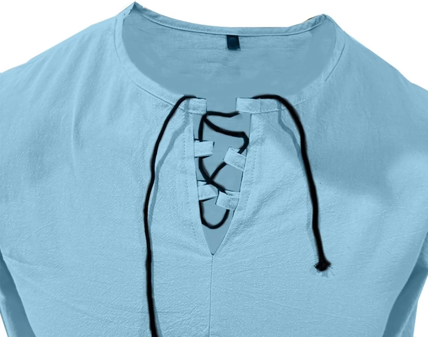 Men's Summer Cotton Linen Shirt V-Neck Drawstring Long Sleeve Beach Shirt Solid Color Casual Hollow-Out Blouses