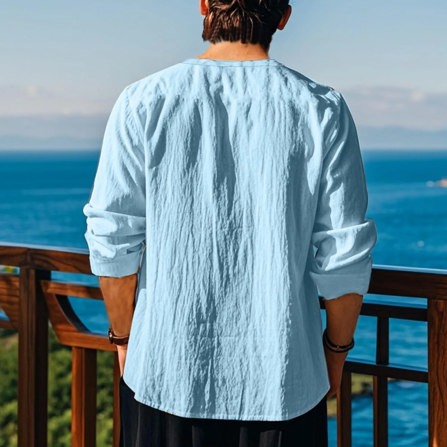 Men's Summer Cotton Linen Shirt V-Neck Drawstring Long Sleeve Beach Shirt Solid Color Casual Hollow-Out Blouses