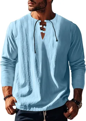 Men's Summer Cotton Linen Shirt V-Neck Drawstring Long Sleeve Beach Shirt Solid Color Casual Hollow-Out Blouses