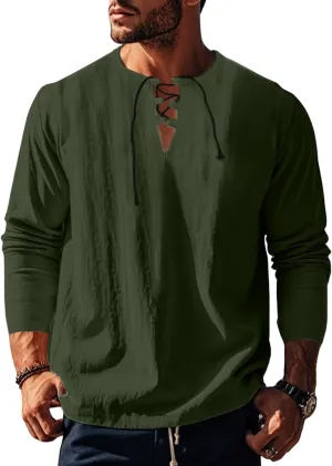 Men's Summer Cotton Linen Shirt V-Neck Drawstring Long Sleeve Beach Shirt Solid Color Casual Hollow-Out Blouses