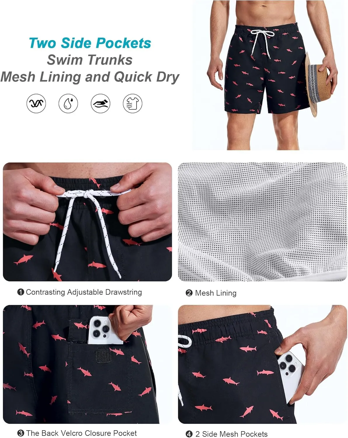 Mens Swim Trunks 6 Inch Inseam Mesh Lining Bathing Suits Quick Dry Beach Shorts Swimsuits Swimwear with Pockets