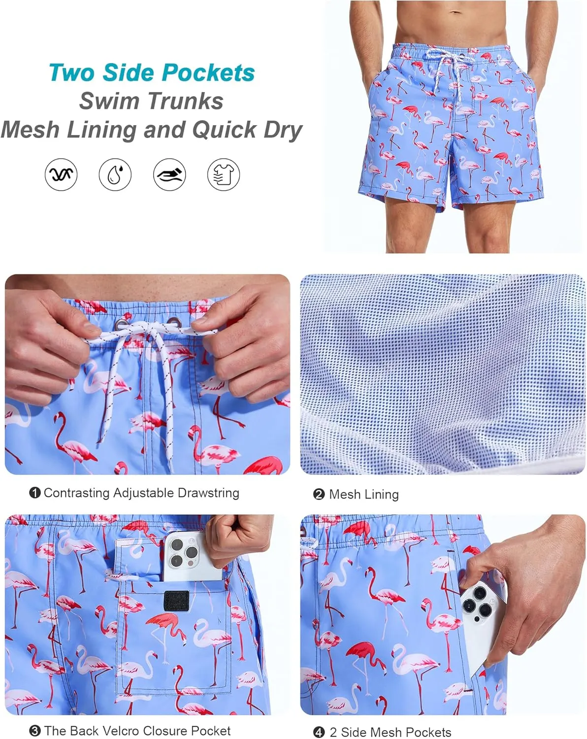 Mens Swim Trunks 6 Inch Inseam Mesh Lining Bathing Suits Quick Dry Beach Shorts Swimsuits Swimwear with Pockets