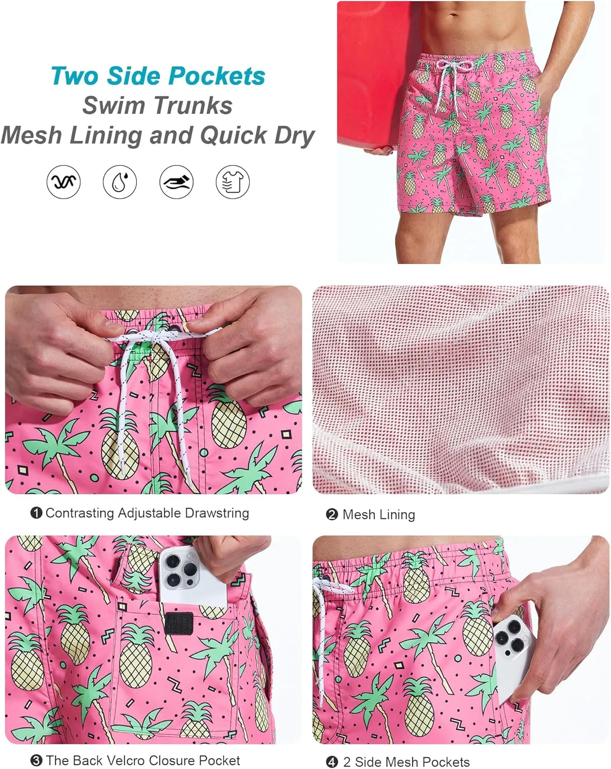 Mens Swim Trunks 6 Inch Inseam Mesh Lining Bathing Suits Quick Dry Beach Shorts Swimsuits Swimwear with Pockets