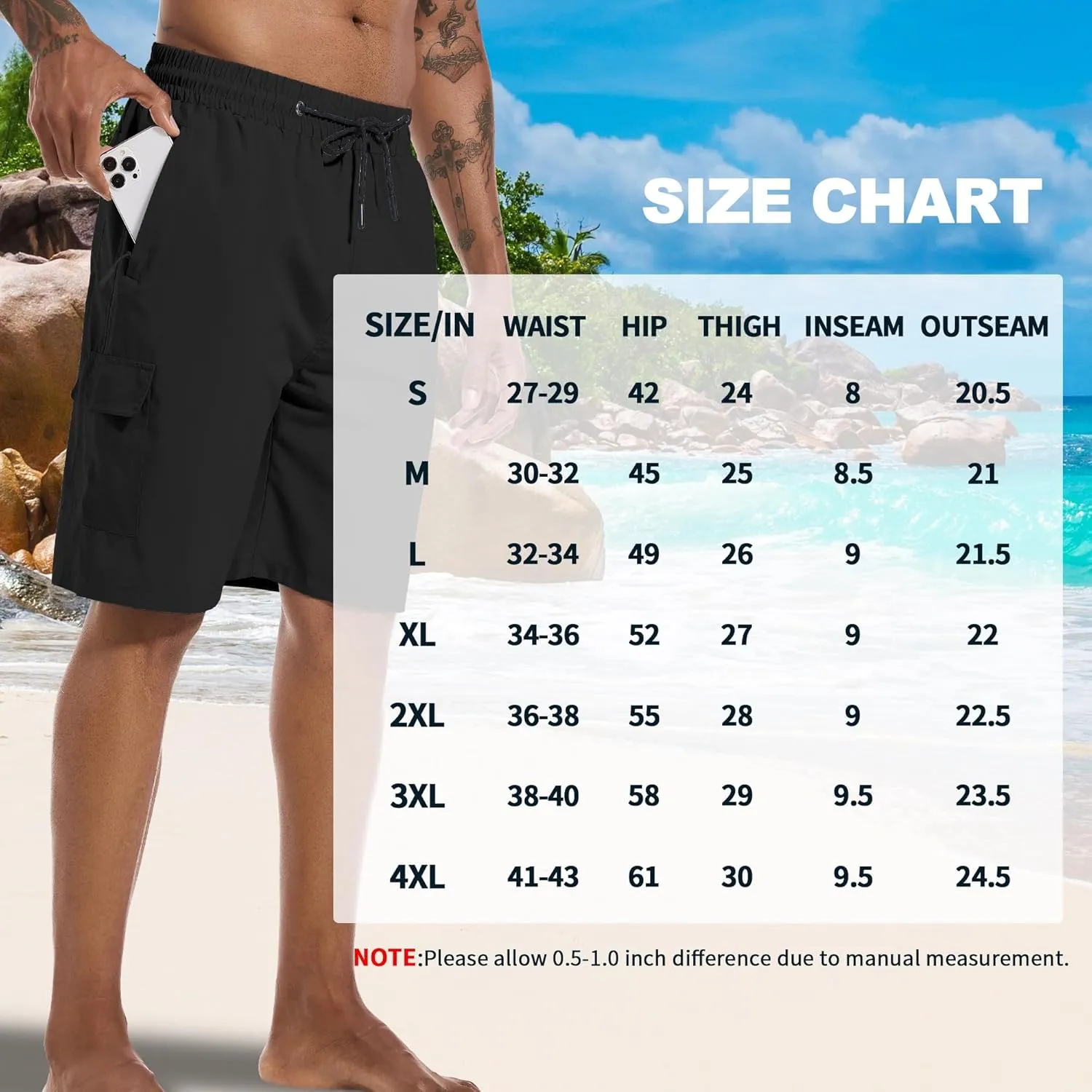 Mens Swim Trunks 9" Board Shorts with Compression Liner Swimsuit Built-in Bathing Suit Quick Dry Swimwear Zipper Pocket