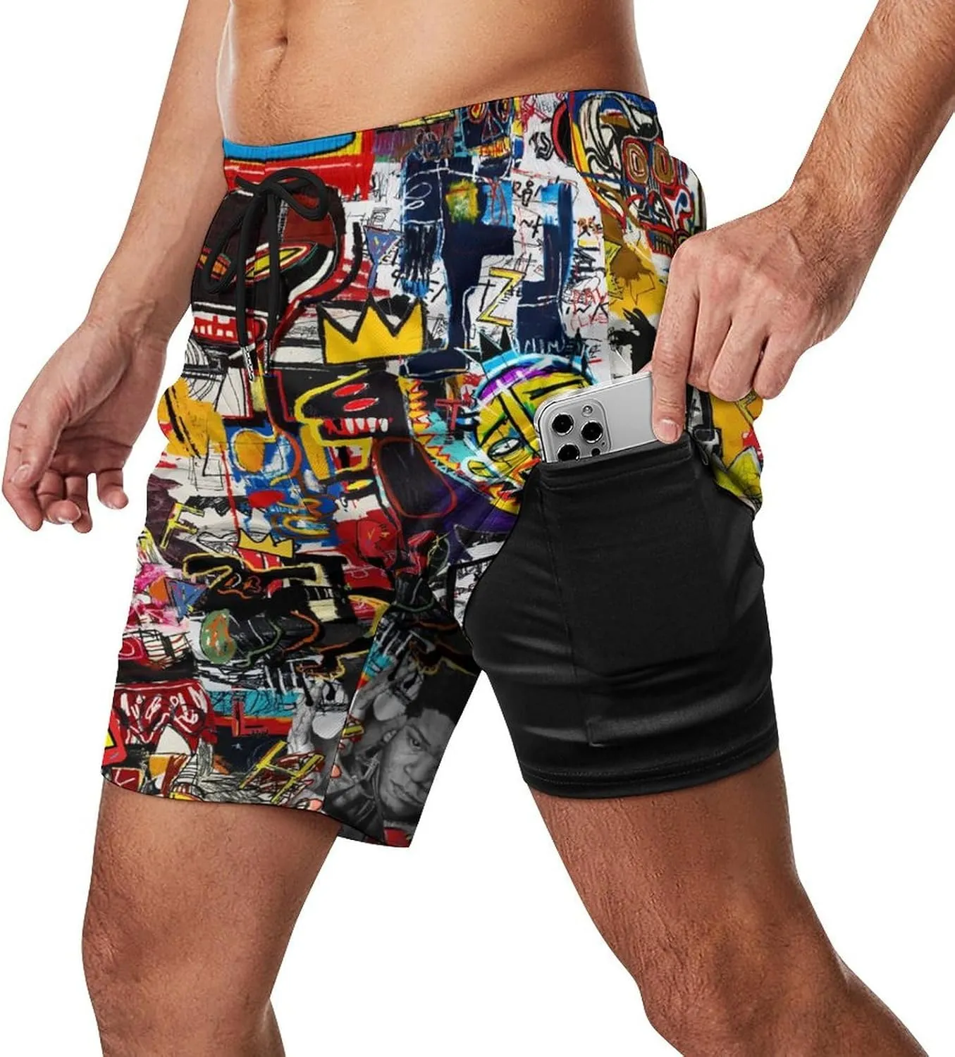Mens Swim Trunks with Compression Liner Lining Swimwear 3D Printed Drawstring Beach Short