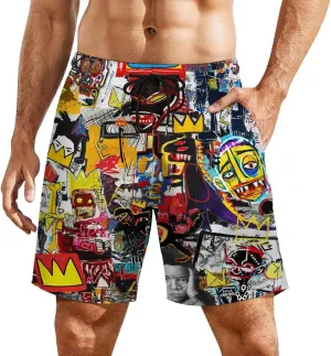 Mens Swim Trunks with Compression Liner Lining Swimwear 3D Printed Drawstring Beach Short