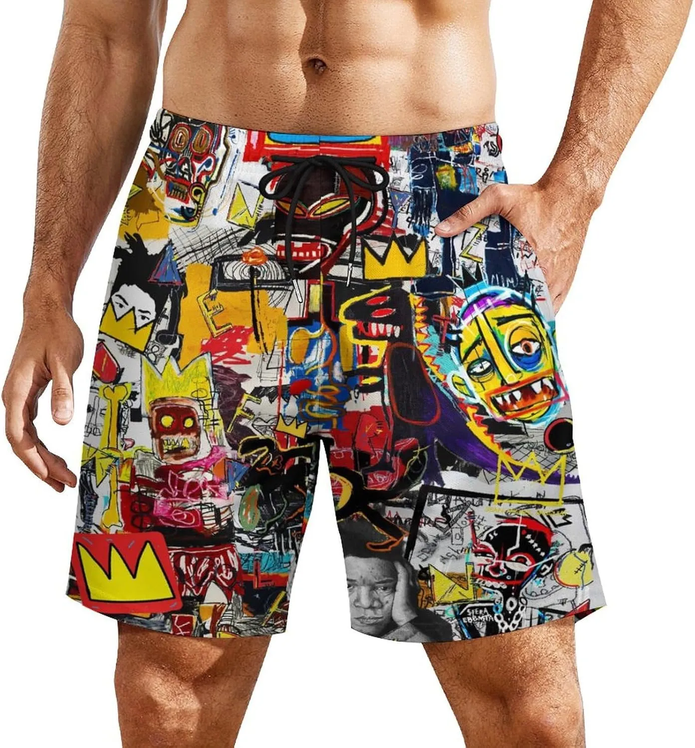 Mens Swim Trunks with Compression Liner Lining Swimwear 3D Printed Drawstring Beach Short