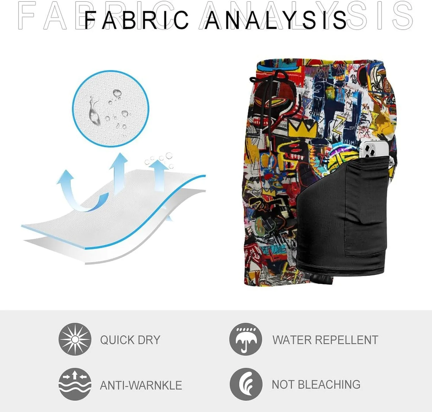 Mens Swim Trunks with Compression Liner Lining Swimwear 3D Printed Drawstring Beach Short