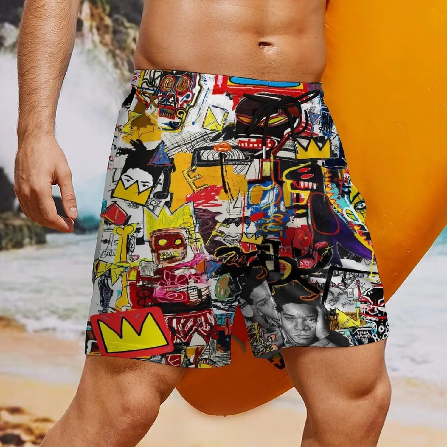 Mens Swim Trunks with Compression Liner Lining Swimwear 3D Printed Drawstring Beach Short