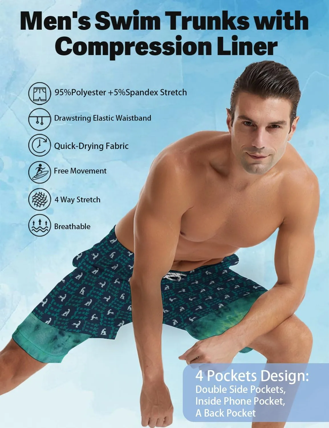 Men's Swim Trunks with Compression Liner Quick Dry 2 in 1 Swimming Trunks Beach Board Shorts Bathing Suits Swimwear