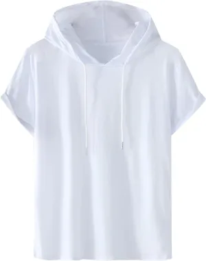 Mens Tshirts Cotton Short Sleeve Causal Hooded Shirts Lightweight Solid Athletic Workout Tops Drawstring Hoodies