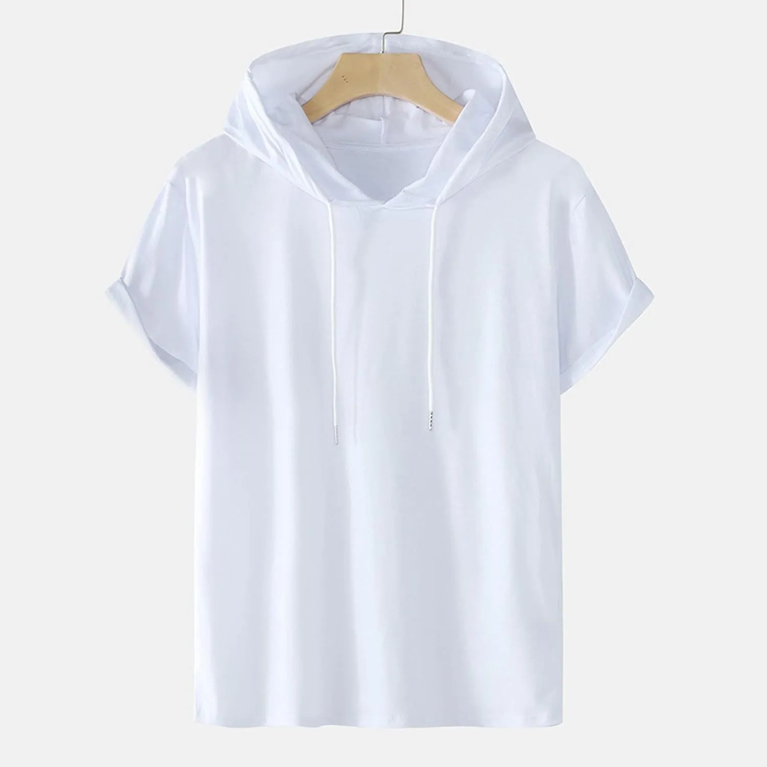 Mens Tshirts Cotton Short Sleeve Causal Hooded Shirts Lightweight Solid Athletic Workout Tops Drawstring Hoodies