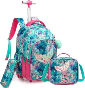 Mermaid Rolling Backpack for Gilrs School Backpack with Wheels Roller Wheels Bookbag Trolly Luggage for Elementary