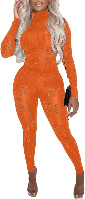 MESLIMA Women's Sexy Solid Two Piece Outfits Hollow Out Long Sleeve Crop Top Bodycon Pants Sets Tracksuit