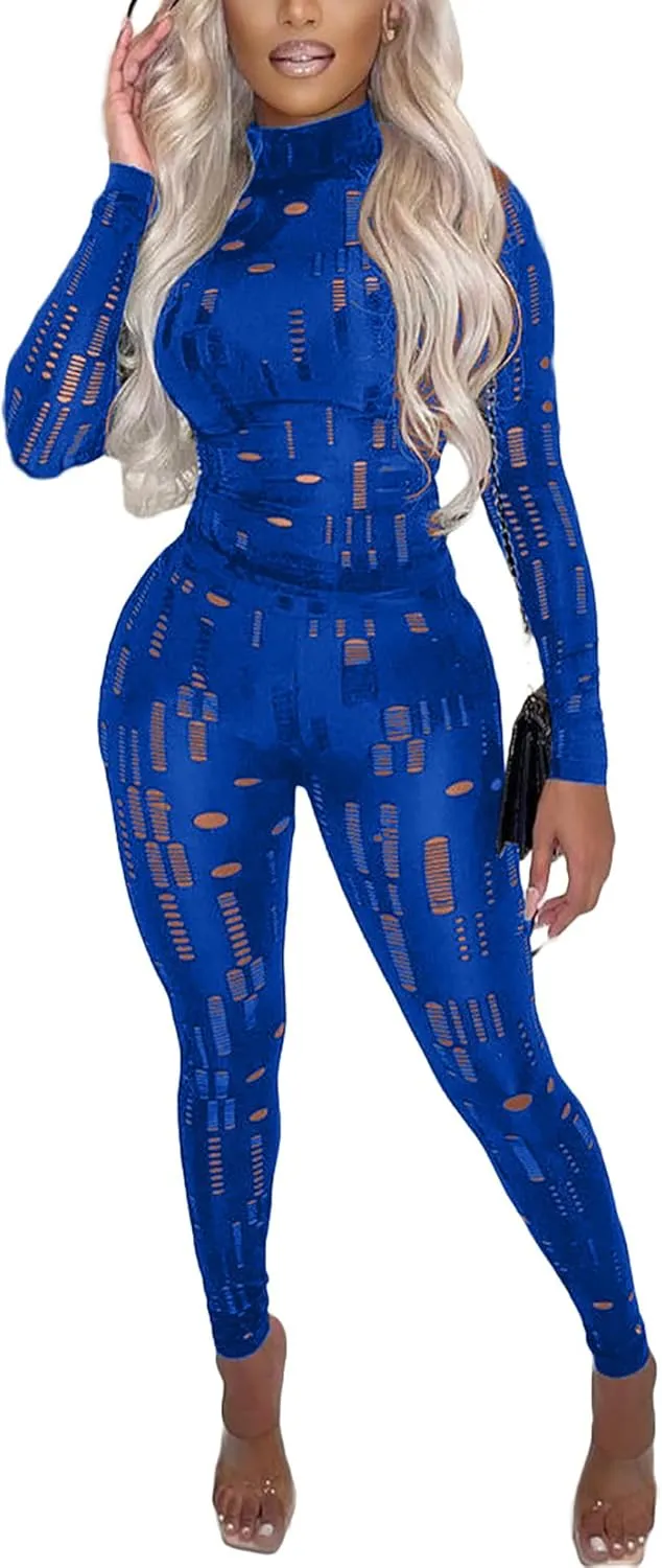 MESLIMA Women's Sexy Solid Two Piece Outfits Hollow Out Long Sleeve Crop Top Bodycon Pants Sets Tracksuit