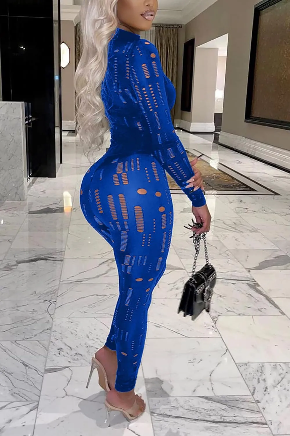 MESLIMA Women's Sexy Solid Two Piece Outfits Hollow Out Long Sleeve Crop Top Bodycon Pants Sets Tracksuit