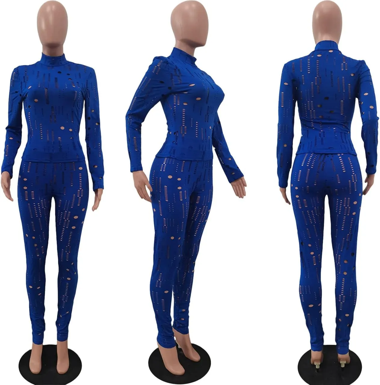 MESLIMA Women's Sexy Solid Two Piece Outfits Hollow Out Long Sleeve Crop Top Bodycon Pants Sets Tracksuit