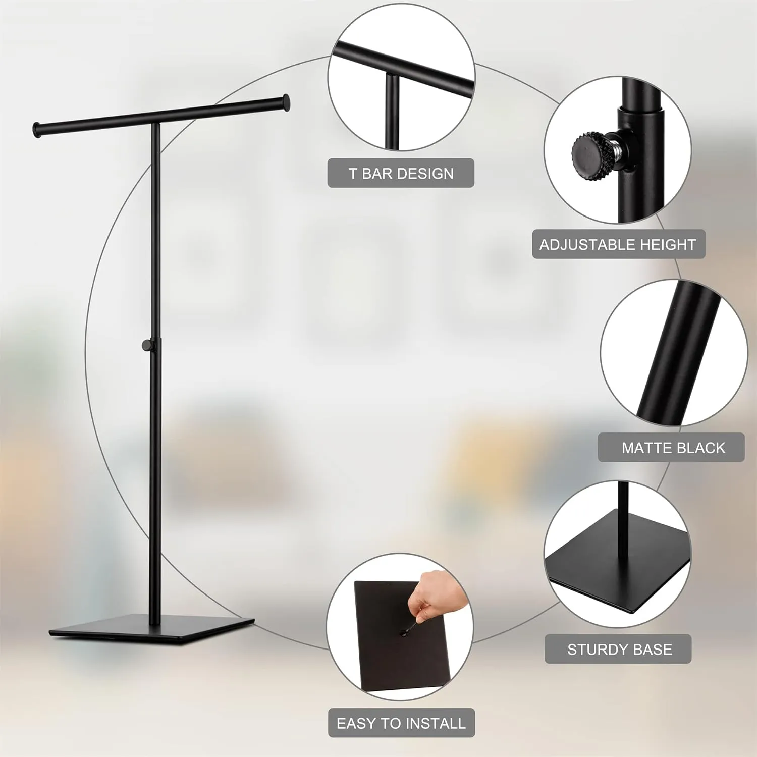 Metal T-Shape Purse & Jewelry Display Stand - Set of 2, Black, Powder Coated, Adjustable Height, Anti-Slip Base