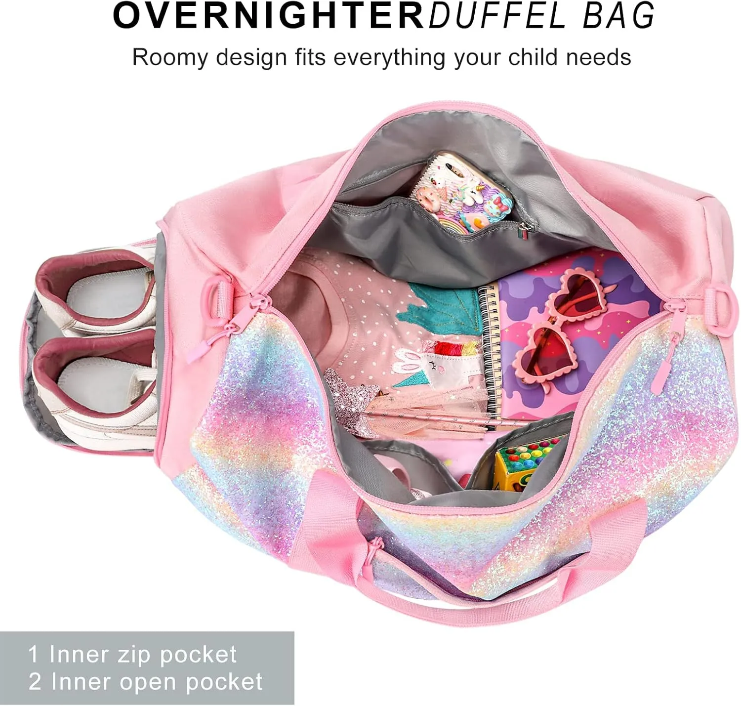 mibasies Dance Bag for Girls Duffle Bag Kids Overnight Travel Sleepover Bags with Shoes Compartment Large