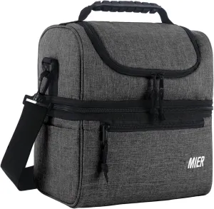 MIER 2 Compartment Lunch Bag for Men Women, Leakproof Insulated Cooler Bag for Work, Grey, Medium