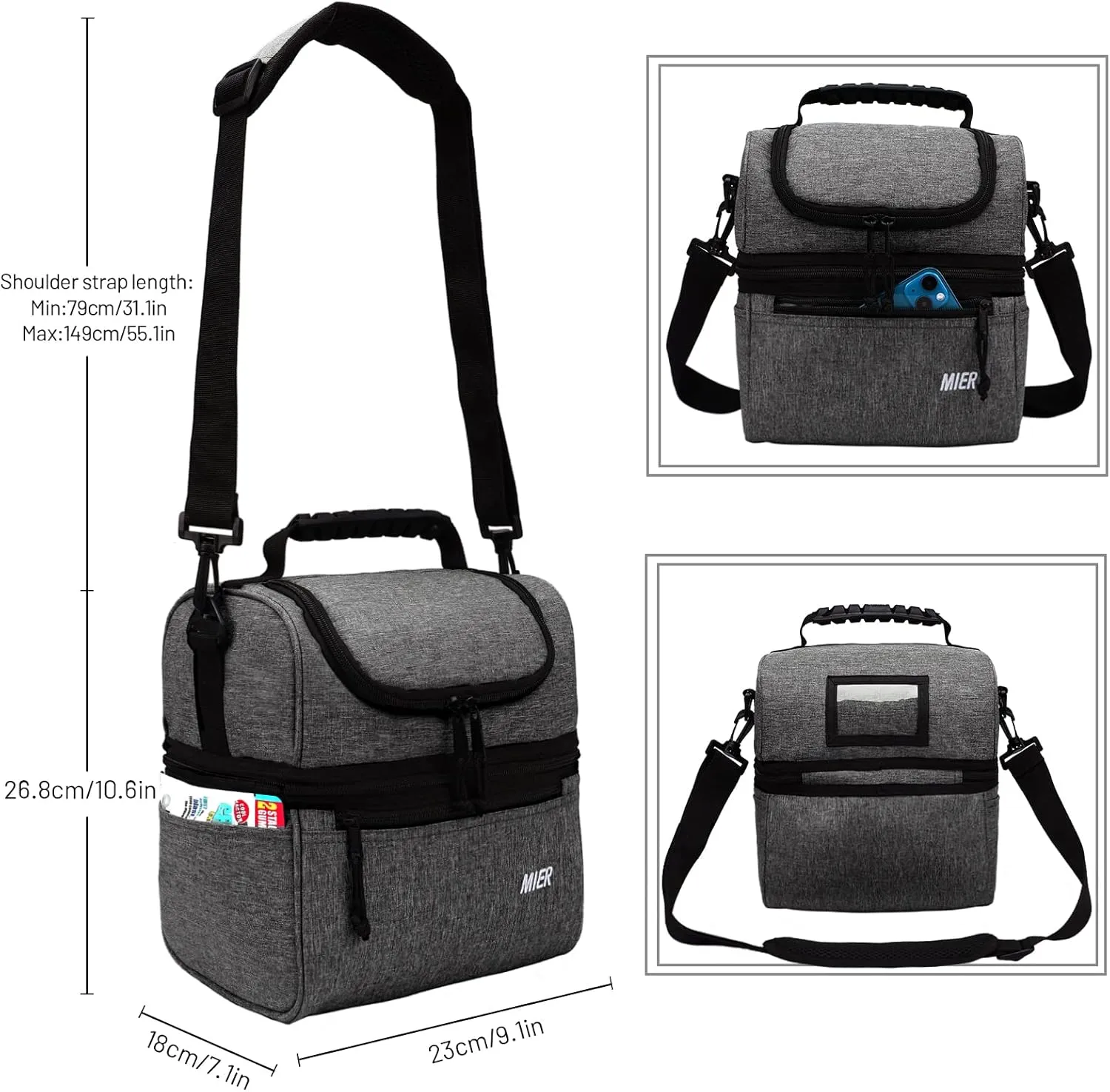 MIER 2 Compartment Lunch Bag for Men Women, Leakproof Insulated Cooler Bag for Work, Grey, Medium