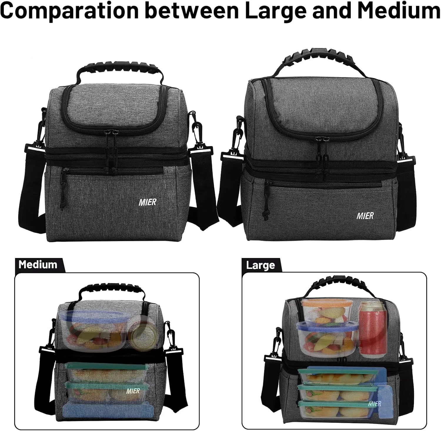 MIER 2 Compartment Lunch Bag for Men Women, Leakproof Insulated Cooler Bag for Work, Grey, Medium