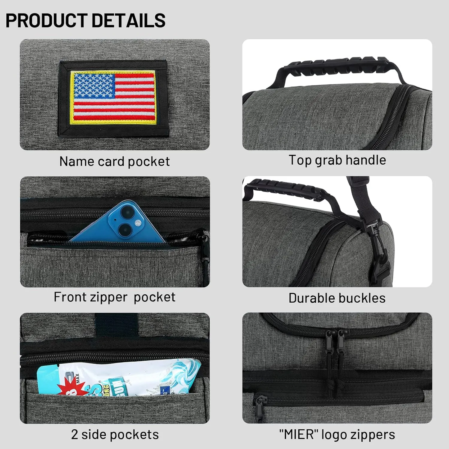 MIER 2 Compartment Lunch Bag for Men Women, Leakproof Insulated Cooler Bag for Work, Grey, Medium