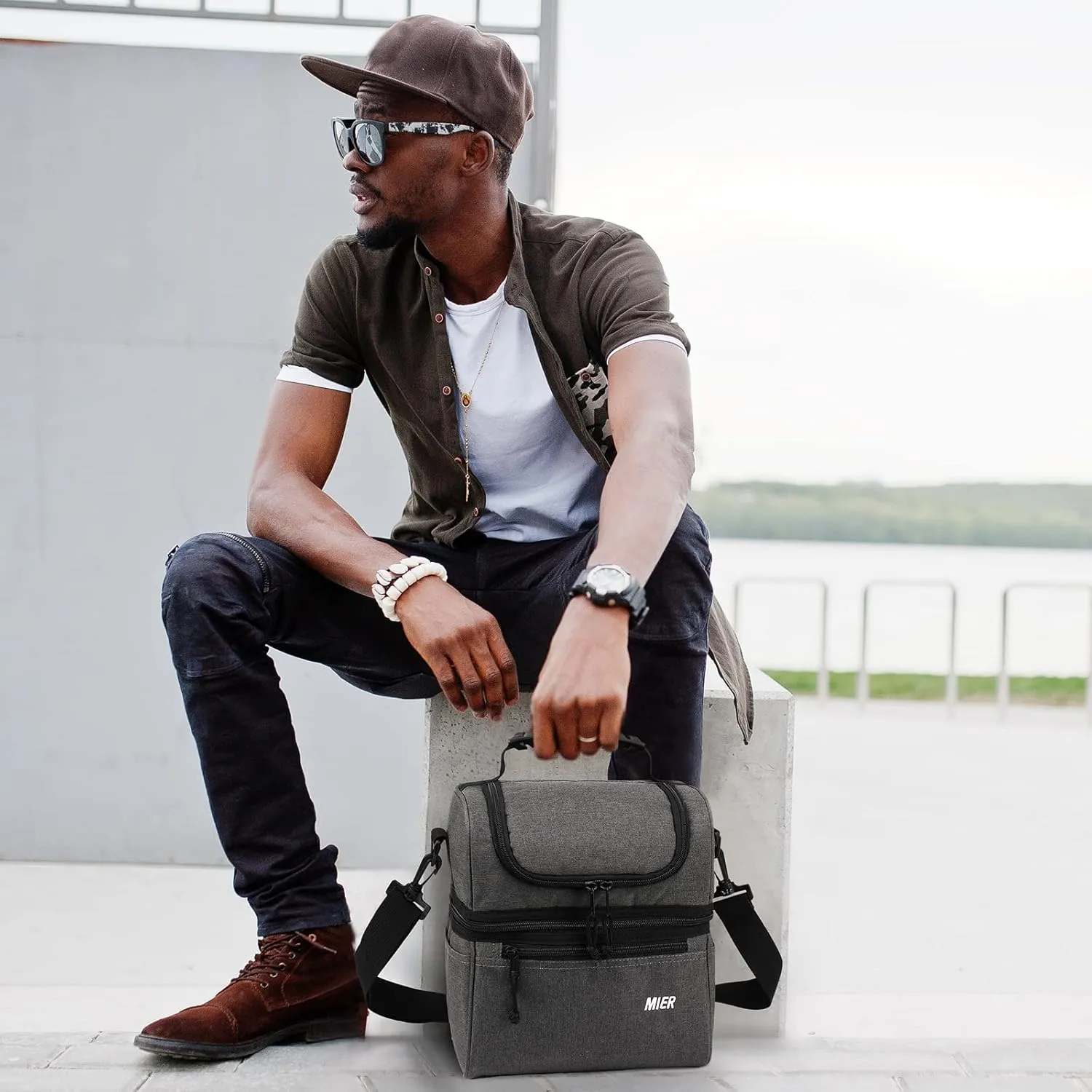 MIER 2 Compartment Lunch Bag for Men Women, Leakproof Insulated Cooler Bag for Work, Grey, Medium