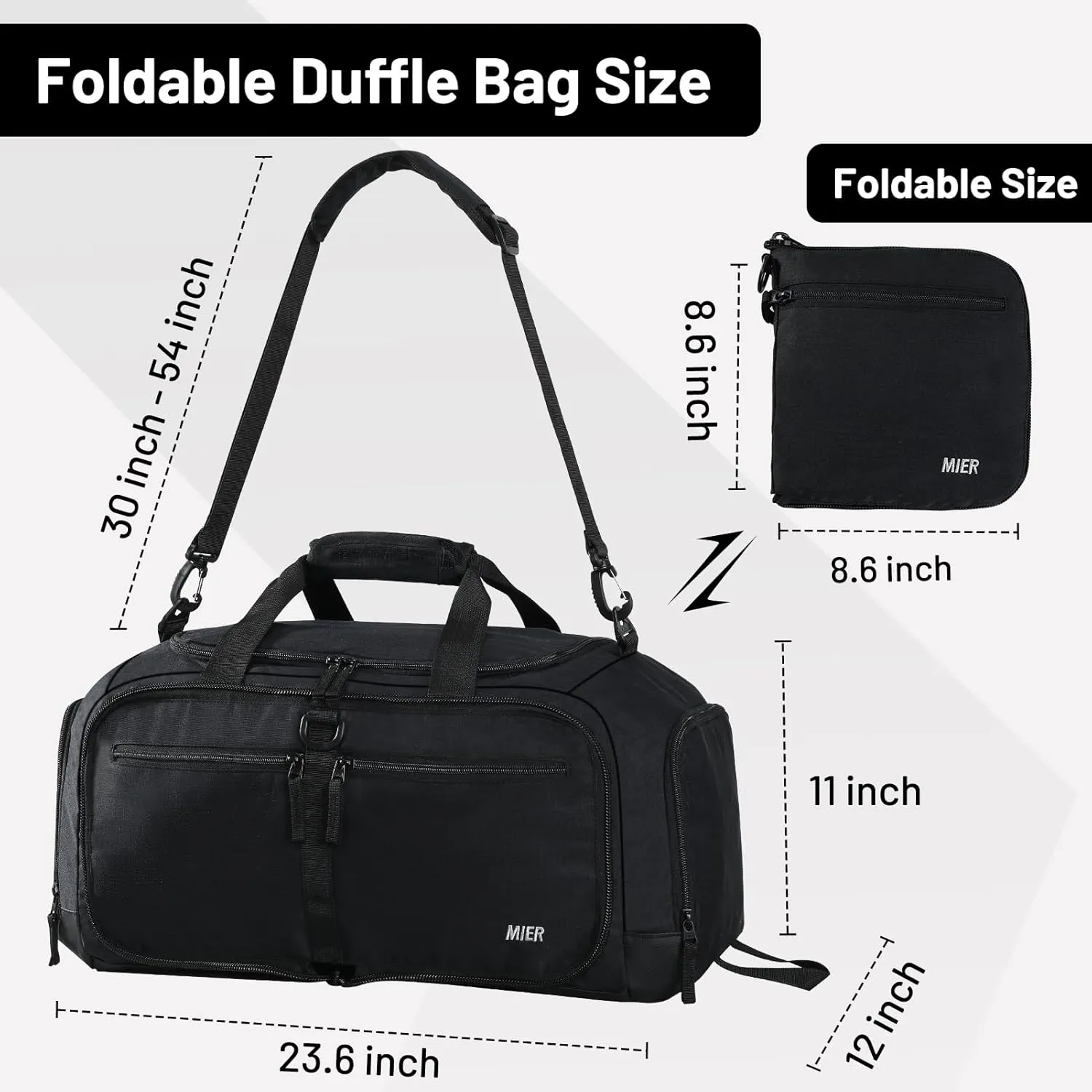 MIER Foldable Duffle Bag with Shoe Compartment 50L Travel Duffel Bags for Men Women Packable Overnight Bag for Camping Gym Weekender, Black